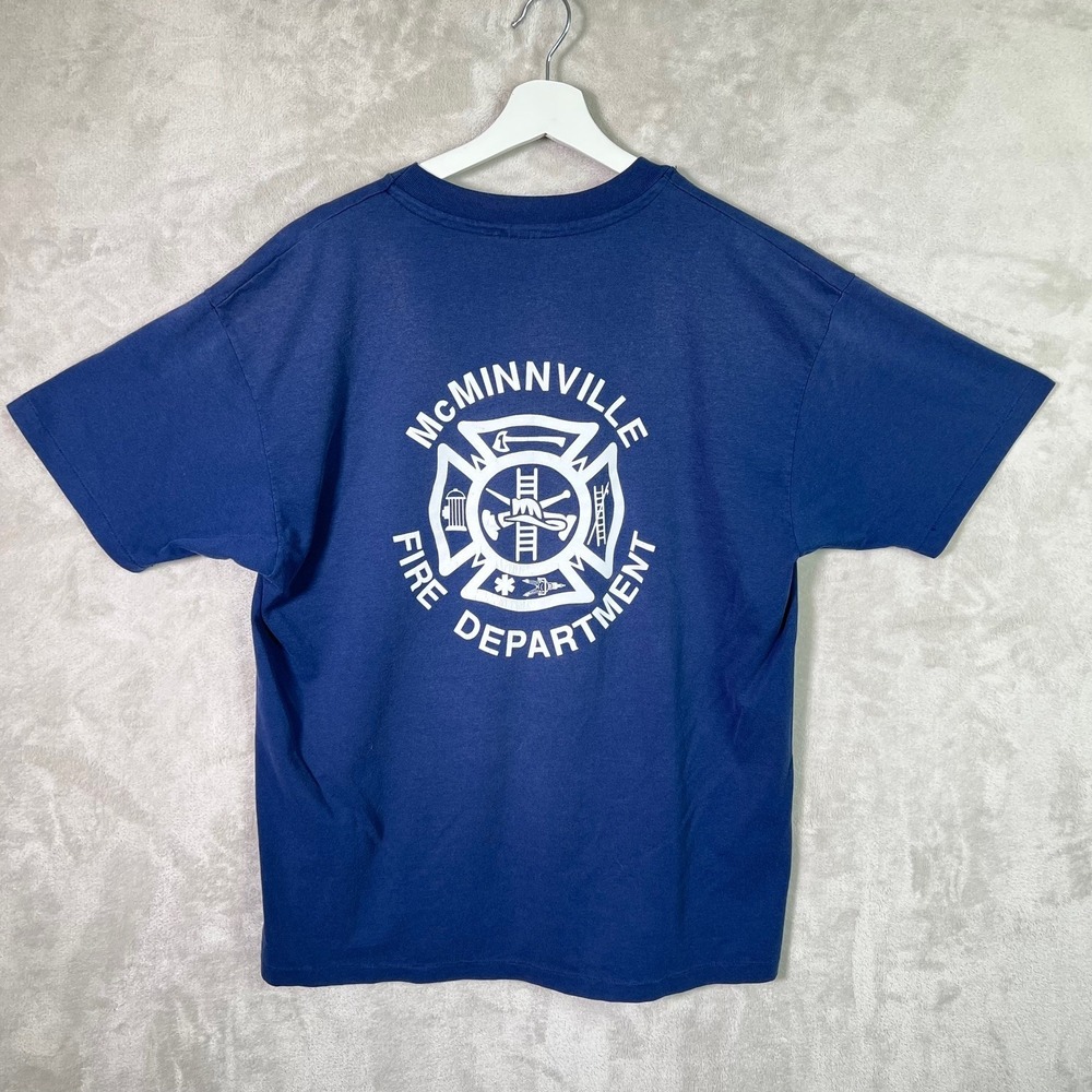 Vintage McMinnville Fire Department T Shirt‎ XL Single Stitch Navy Blue USA